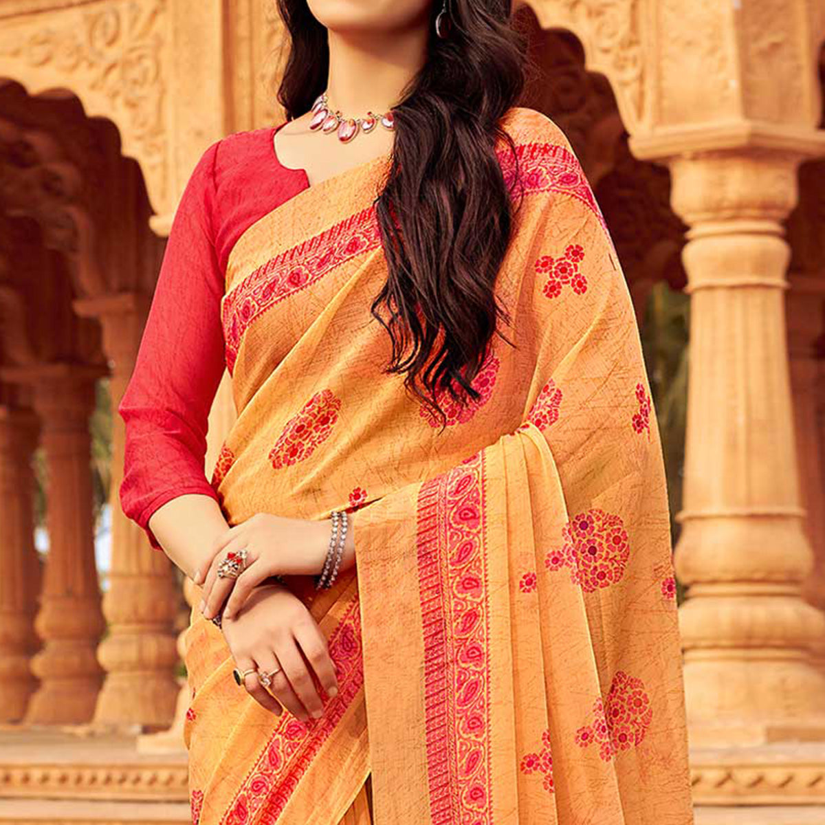 Orange Floral Printed Chiffon Saree