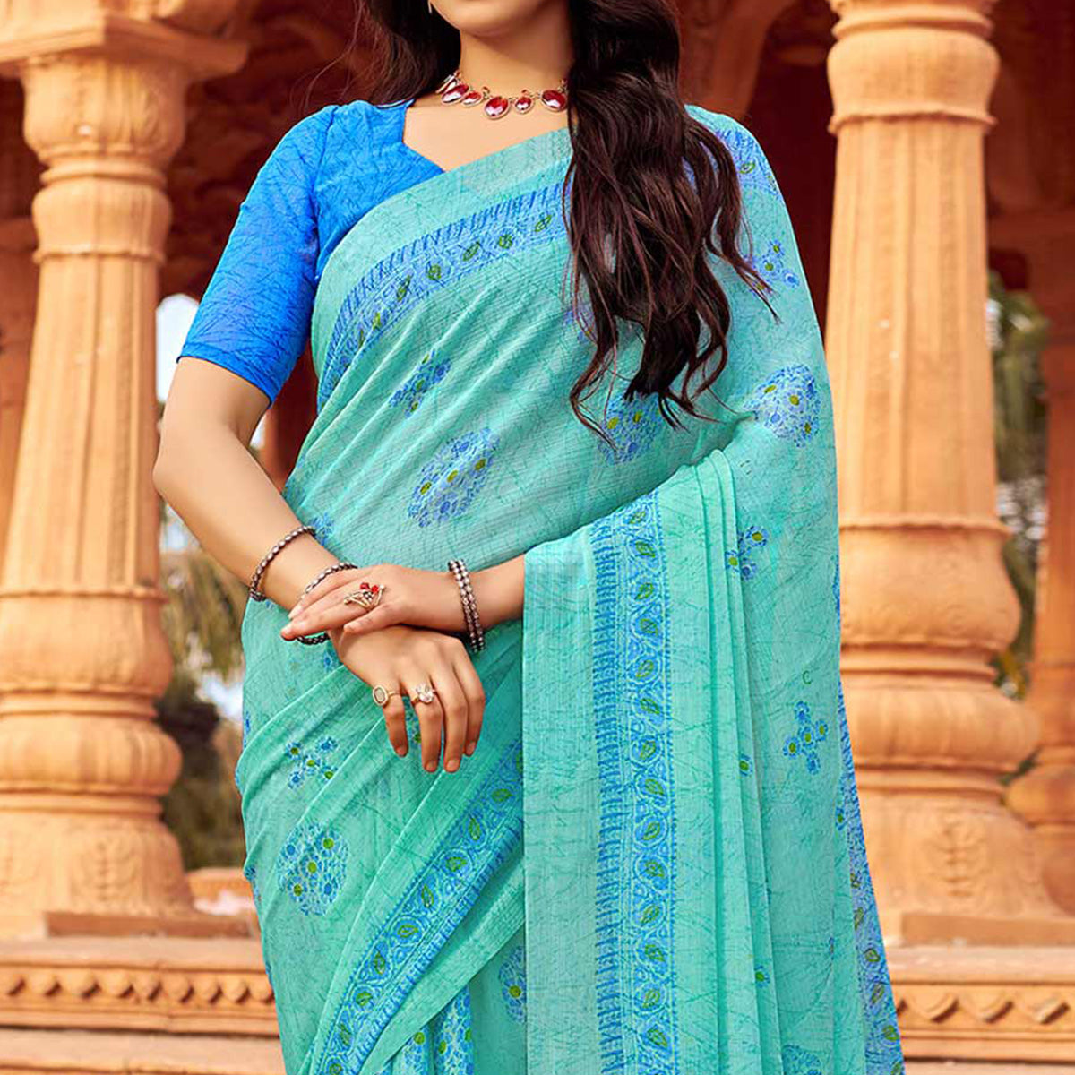 Blue Floral Printed Chiffon Saree