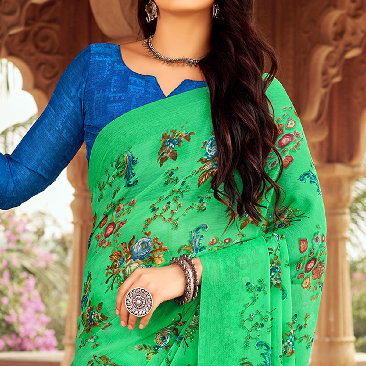 Green Floral Printed Chiffon Saree