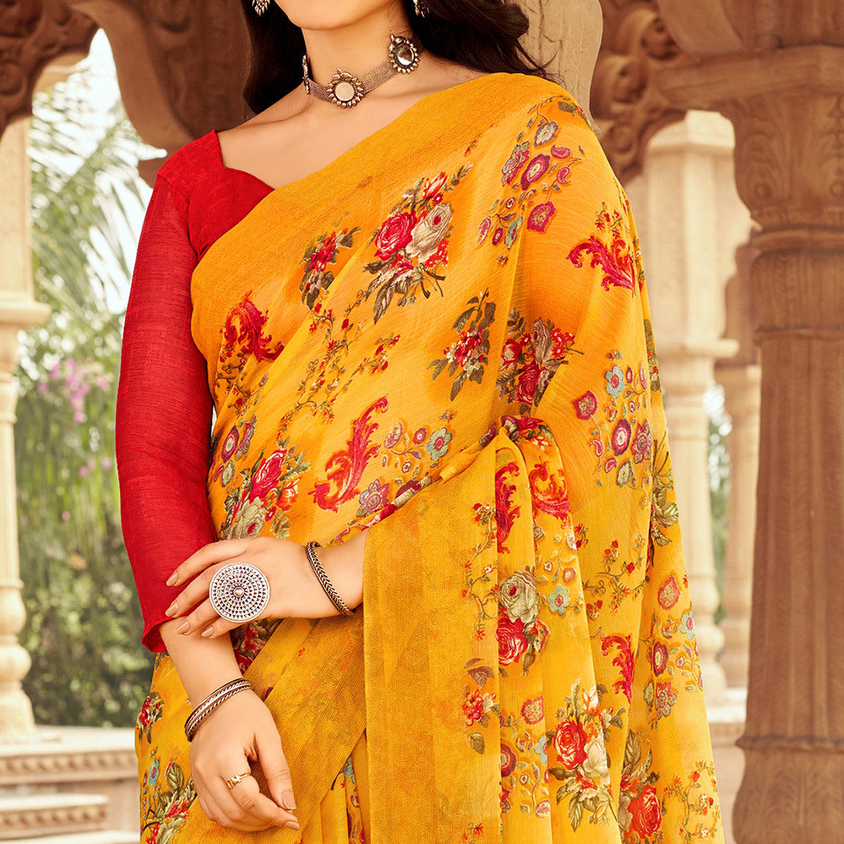 Mustard Floral Printed Chiffon Saree