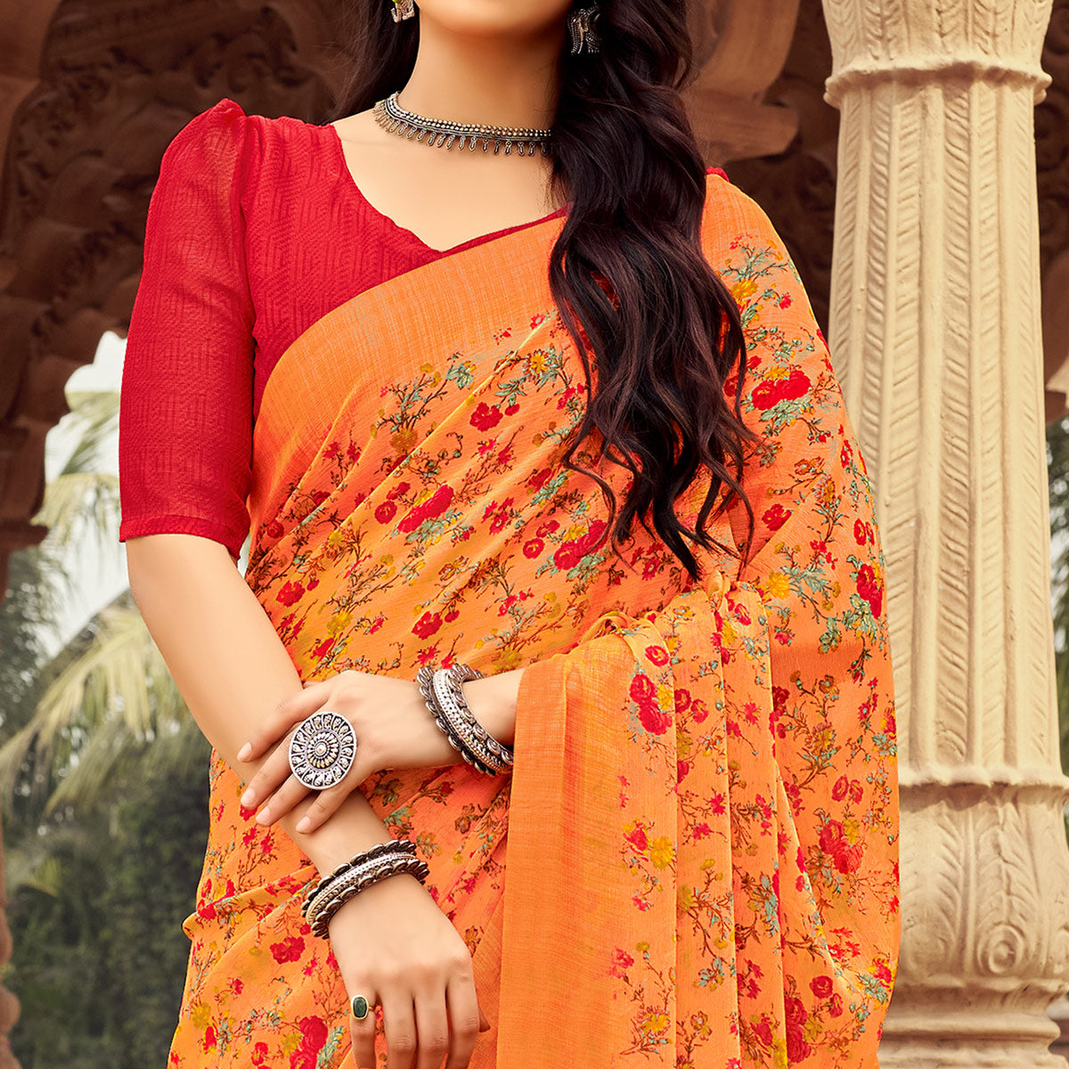 Orange Floral Printed Chiffon Saree