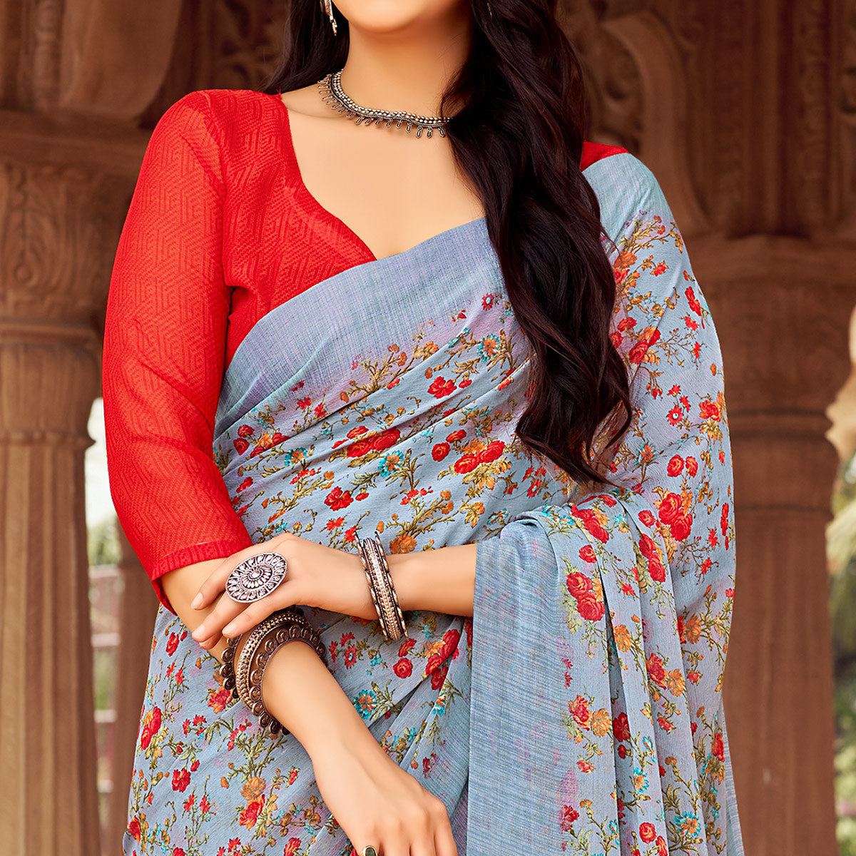 Grey Floral Printed Chiffon Saree