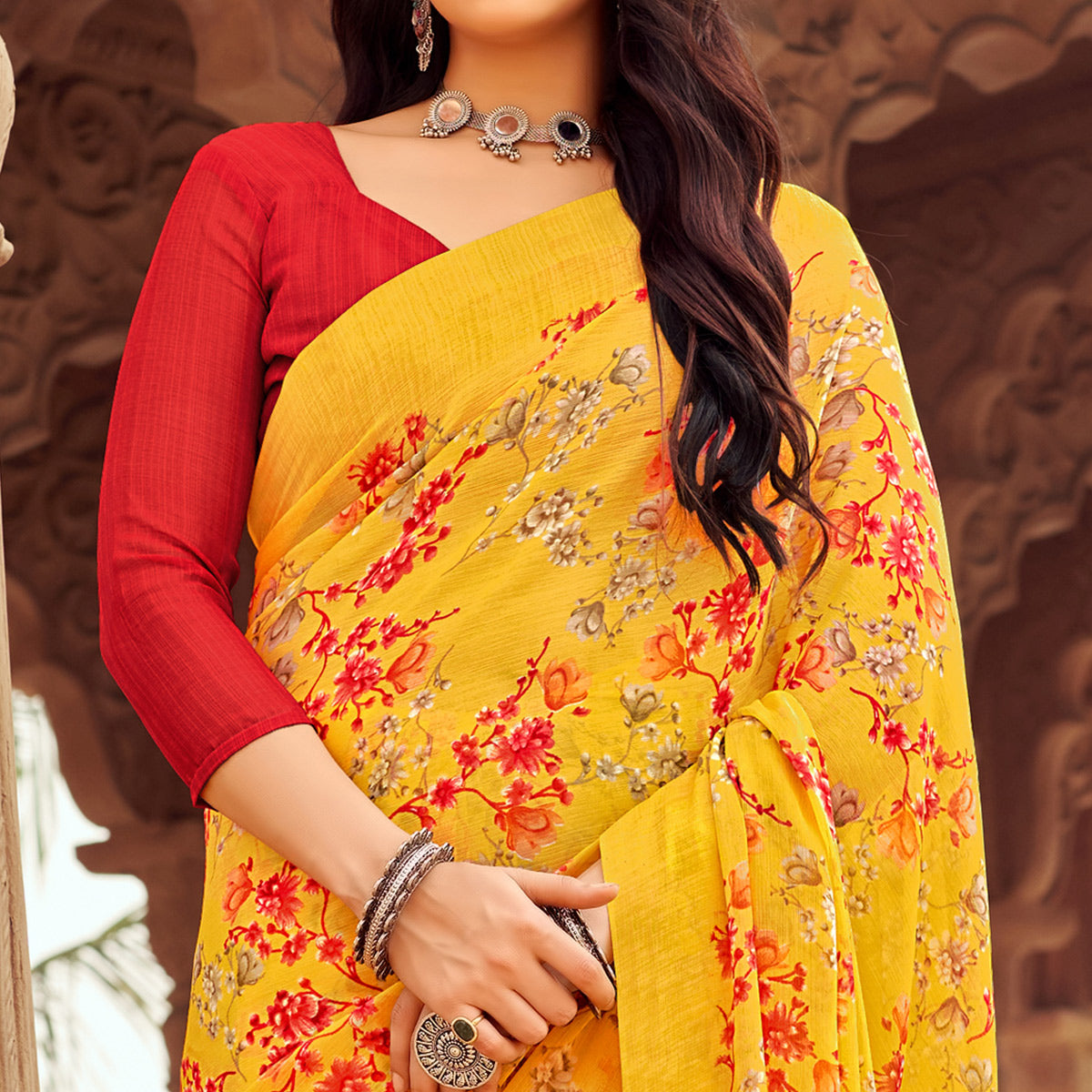 Yellow Floral Printed Chiffon Saree