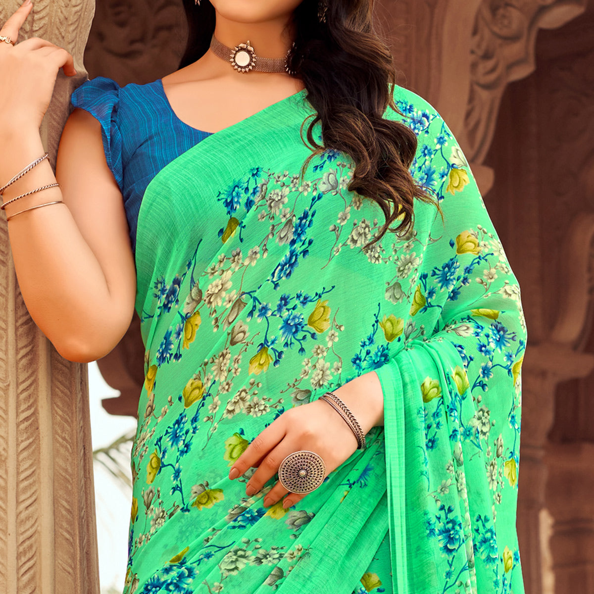 Mint Green Floral Printed Chiffon Saree