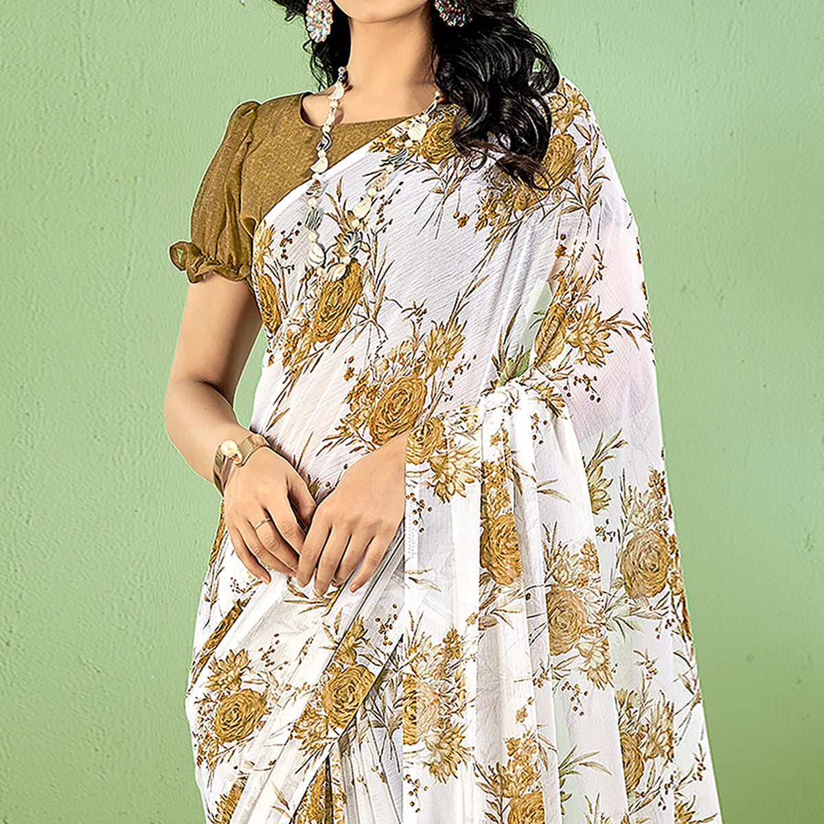 Olive Green Floral Printed Chiffon Saree