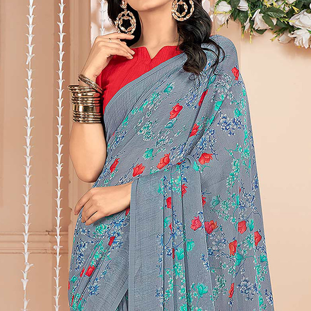 Bluish Grey Floral Printed Chiffon Saree