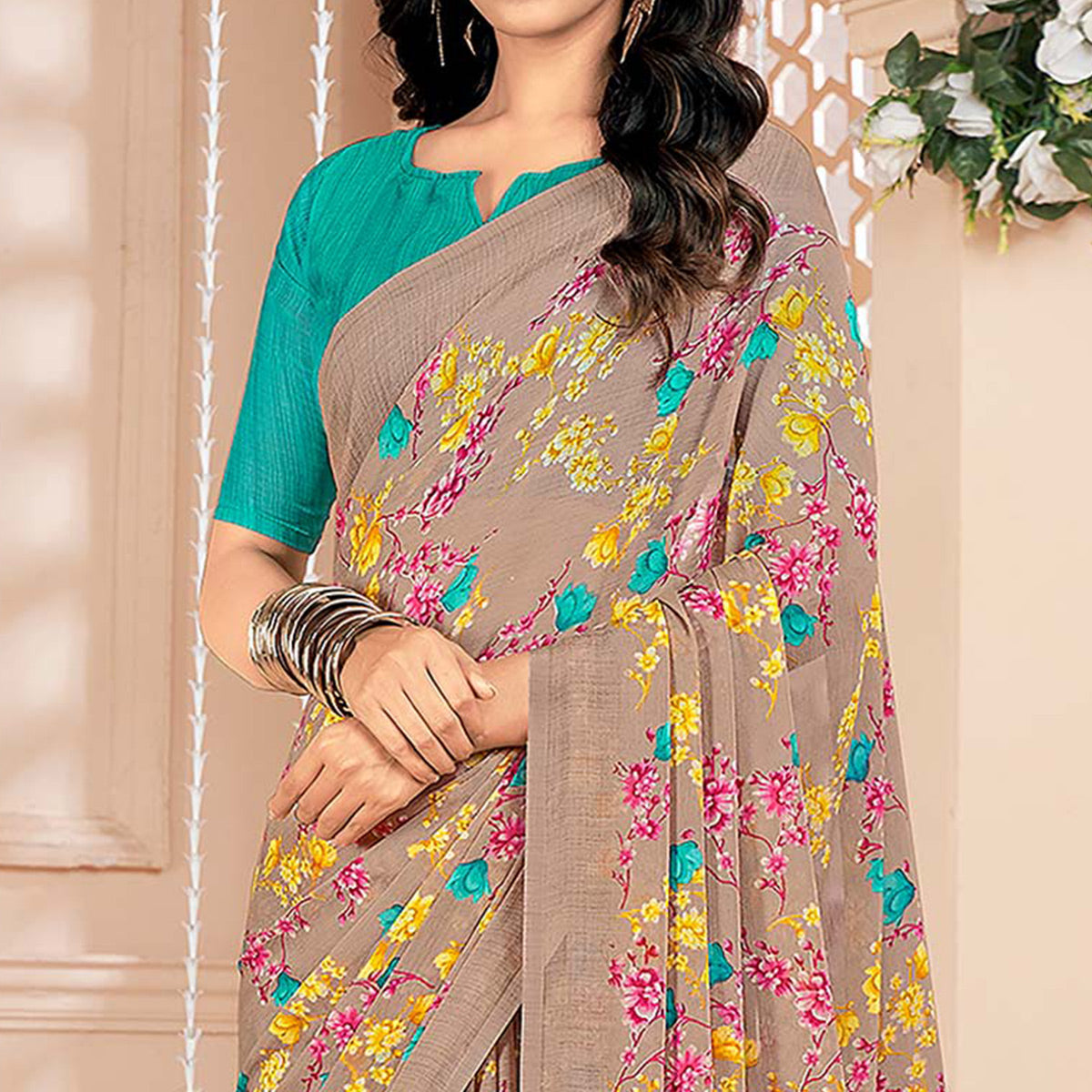 Beige Floral Printed Chiffon Saree