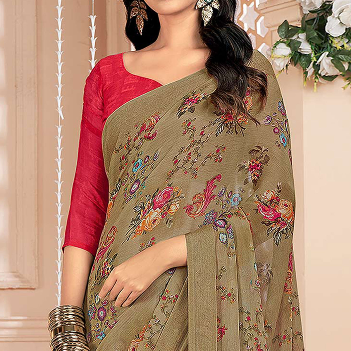 Chikoo Floral Printed Chiffon Saree