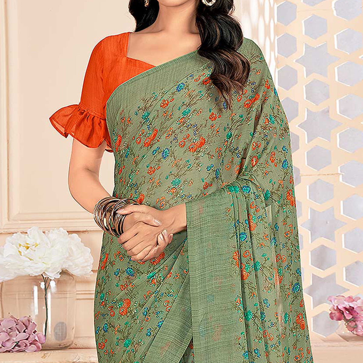 Green Floral Printed Chiffon Saree