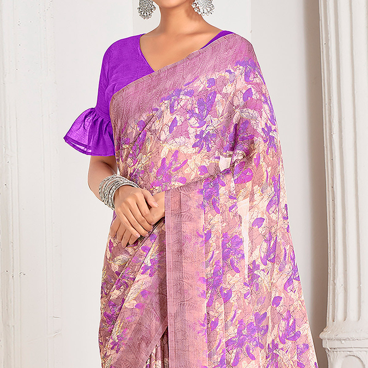 Purple Floral Printed Chiffon Saree