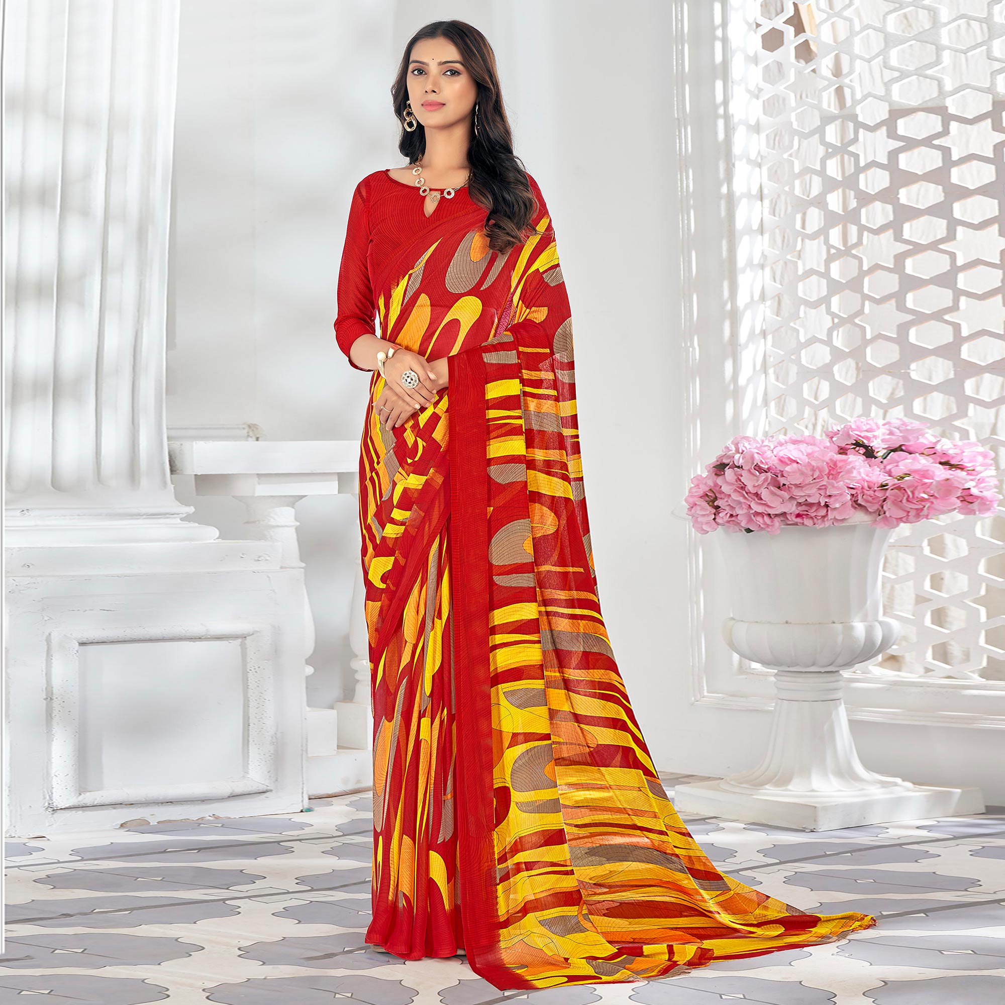 Red Printed Chiffon Saree