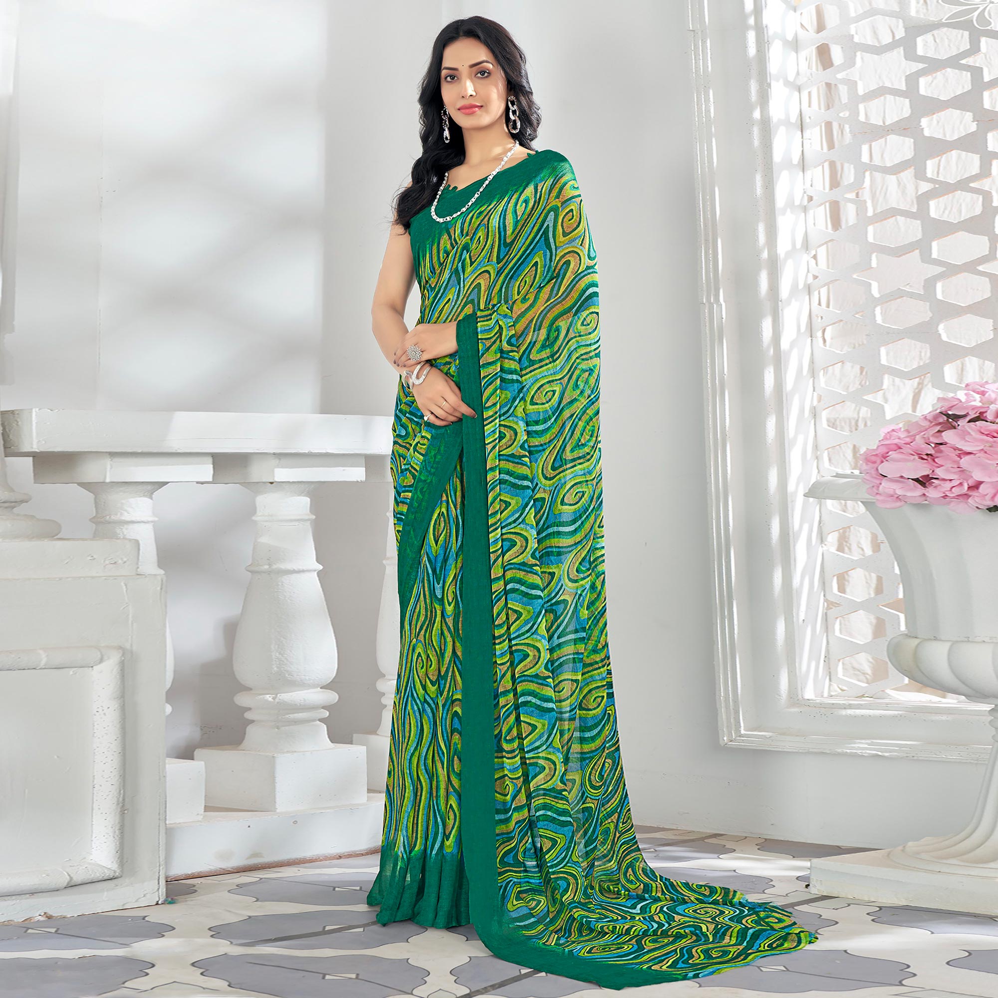 Green Printed Chiffon Saree