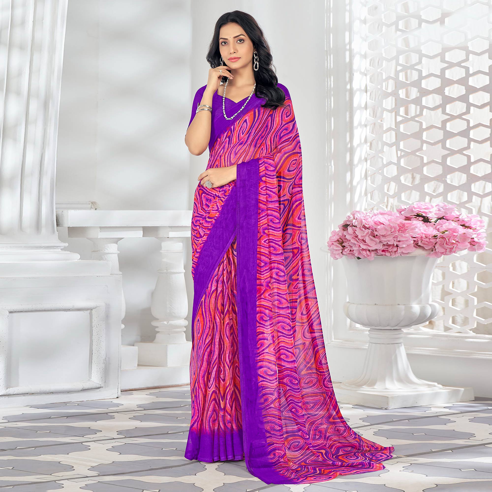 Pink & Purple Printed Chiffon Saree