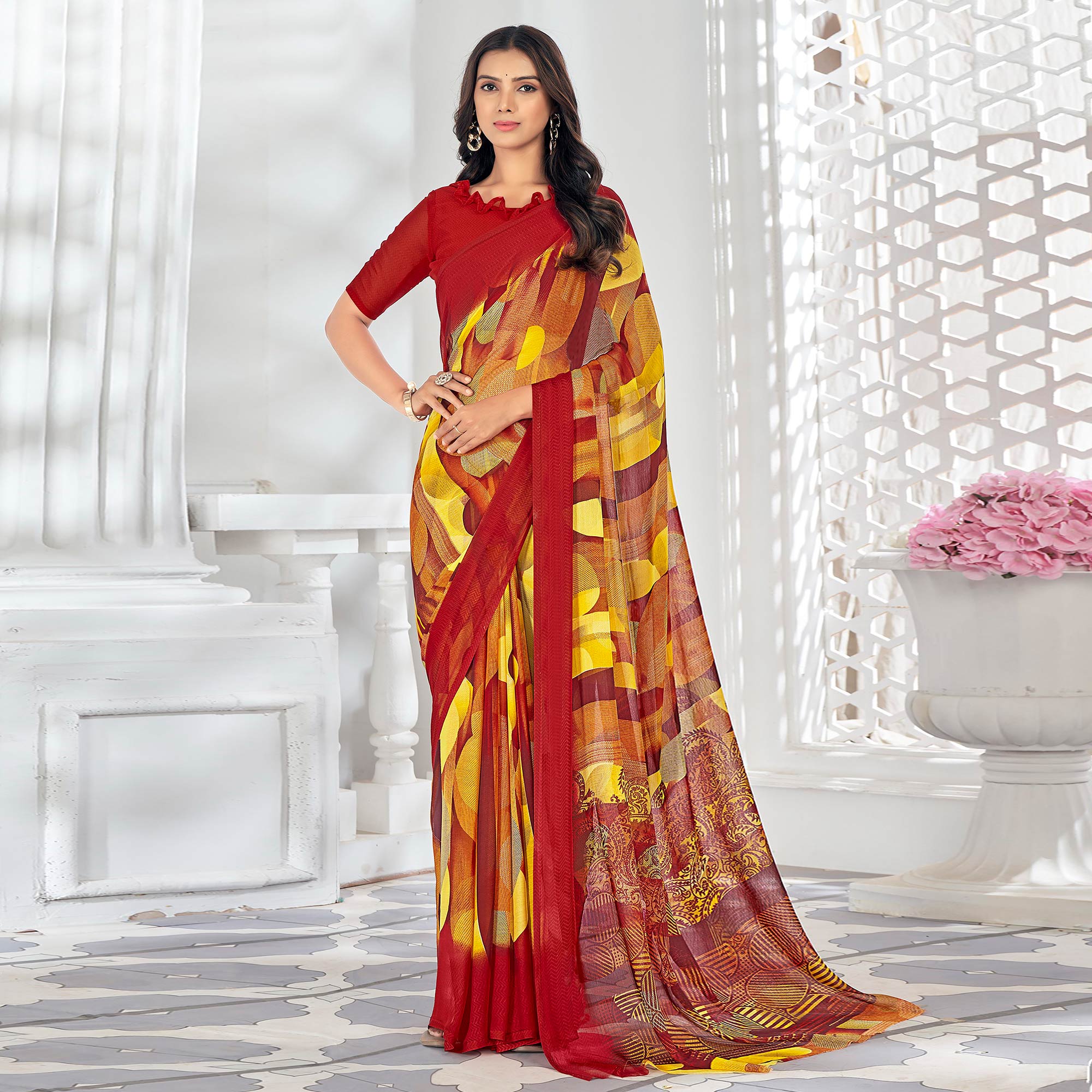 Red & Yellow Printed Chiffon Saree