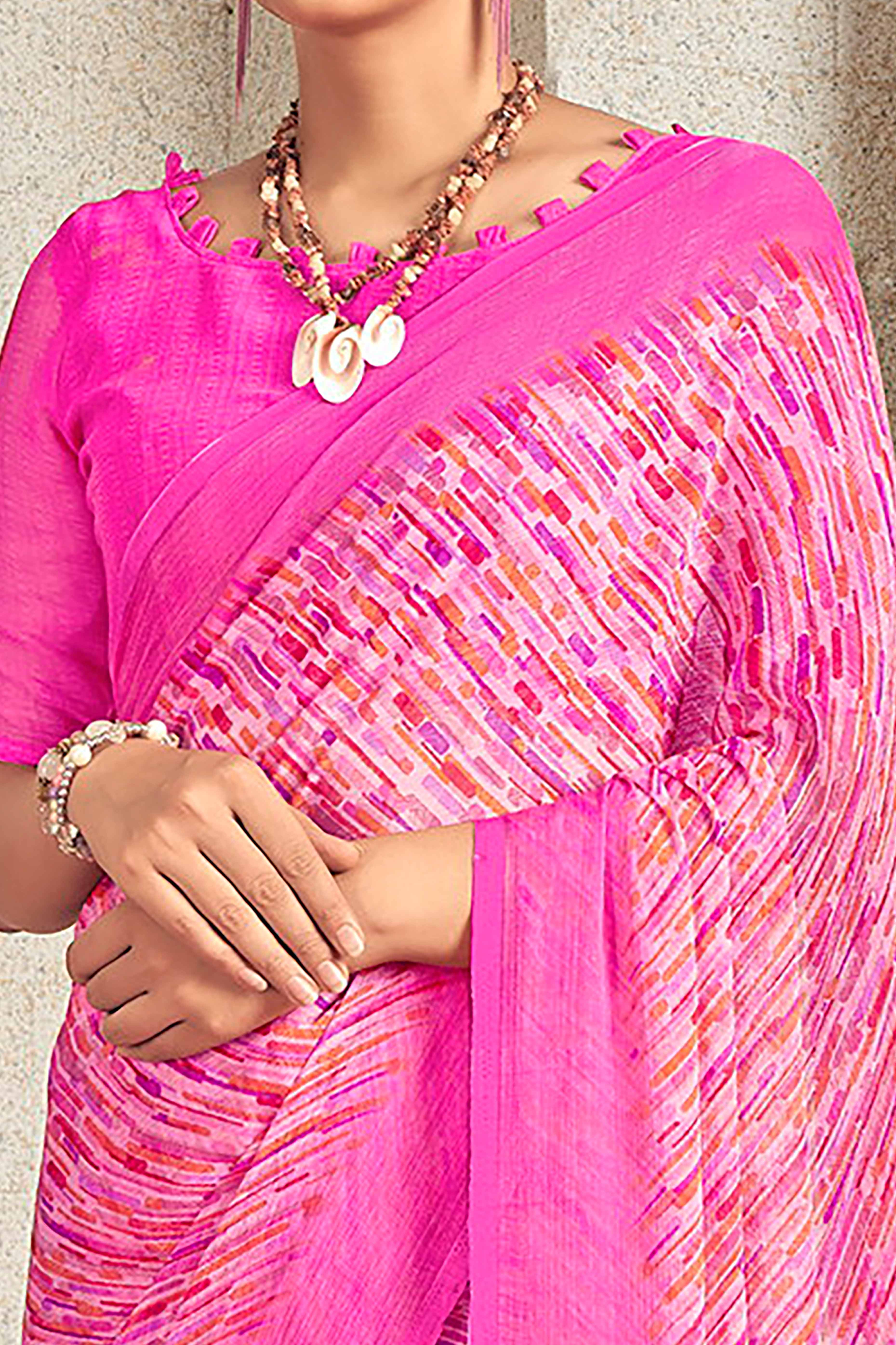Graceful Pink Chiffon Saree With Elegant Print