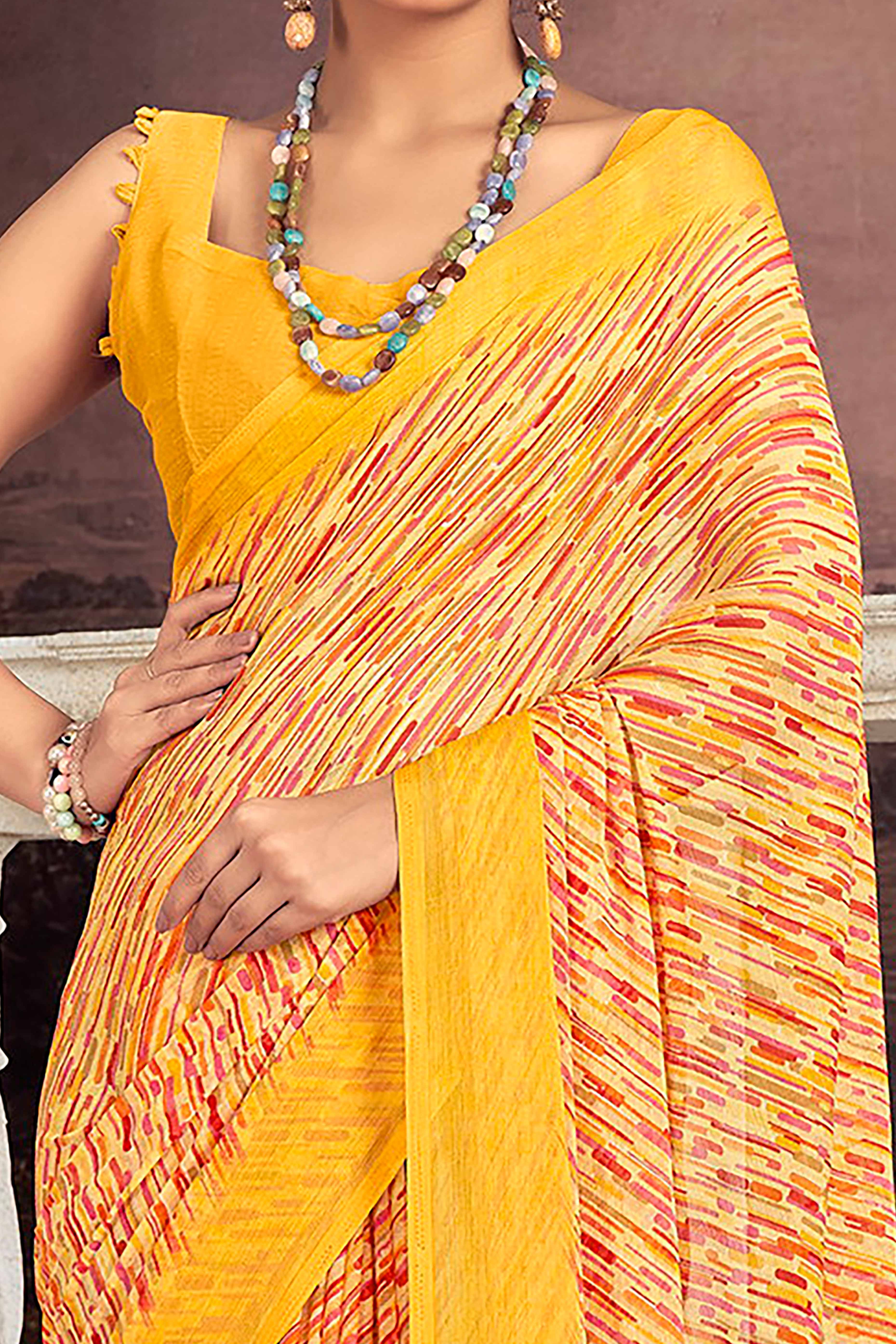 Elegant Mustard Chiffon Saree With Stylish Print