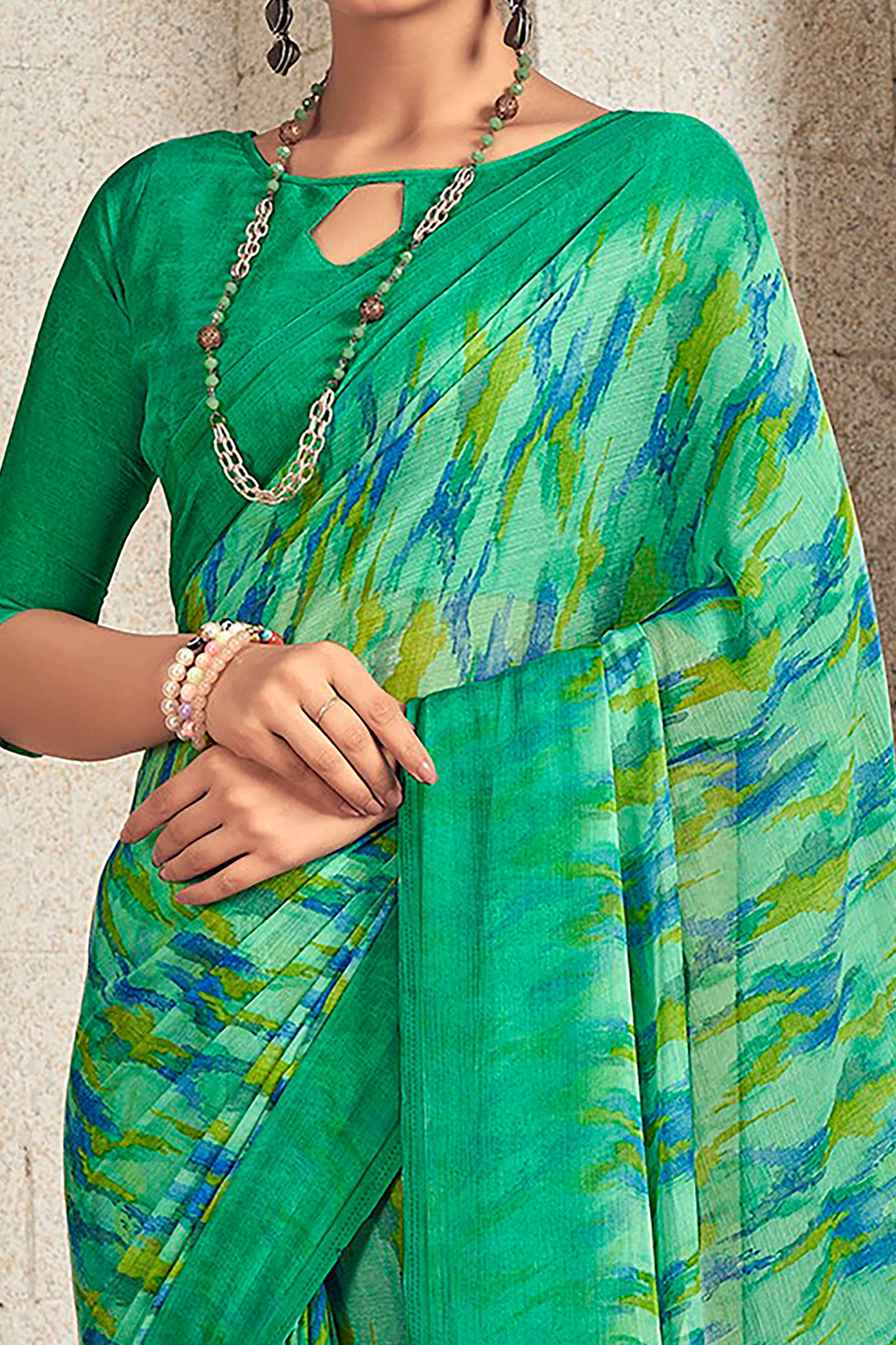 Refreshing Green Chiffon Saree With Modern Abstract Print
