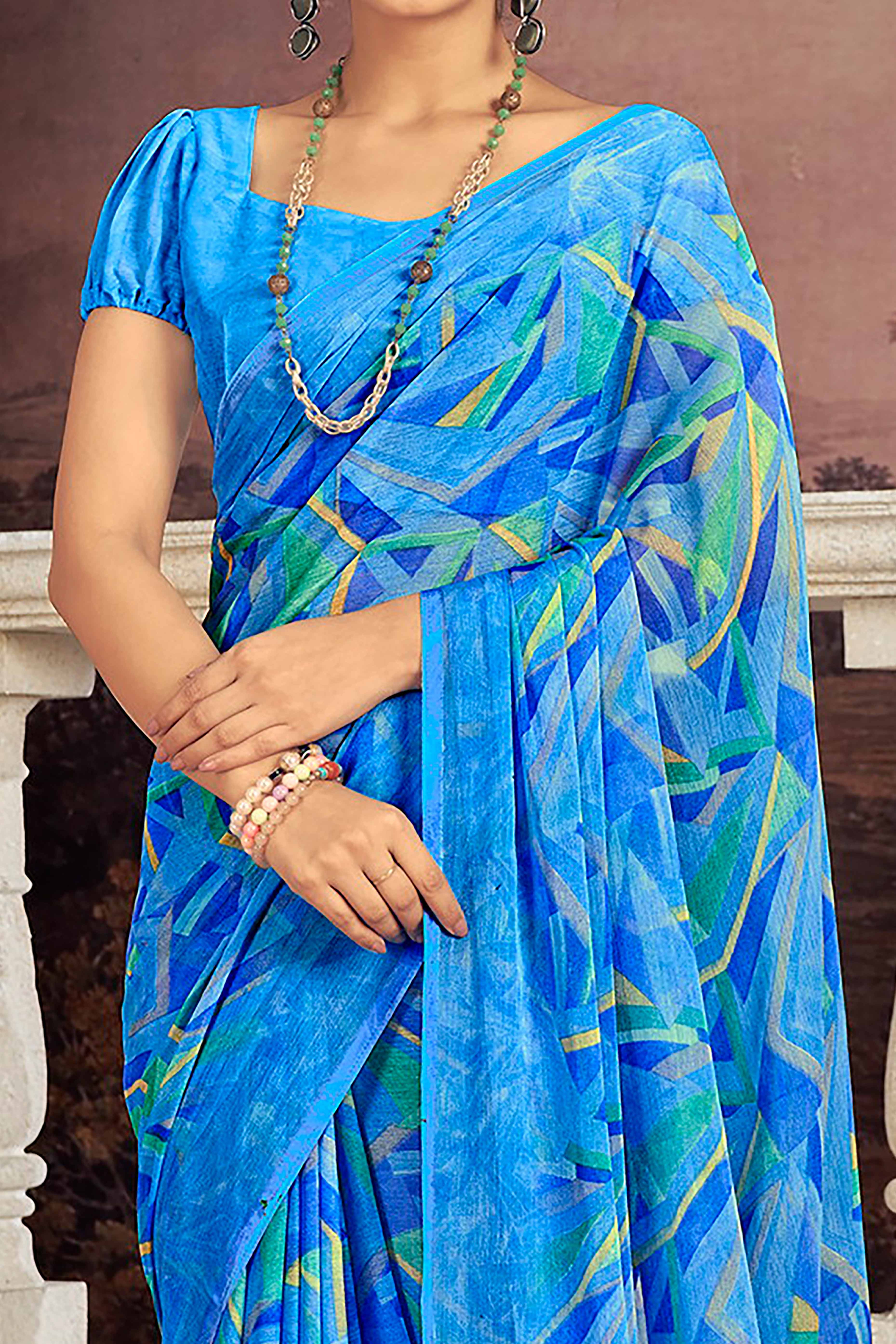 Vibrant Blue Chiffon Saree With Modern Geometric Print