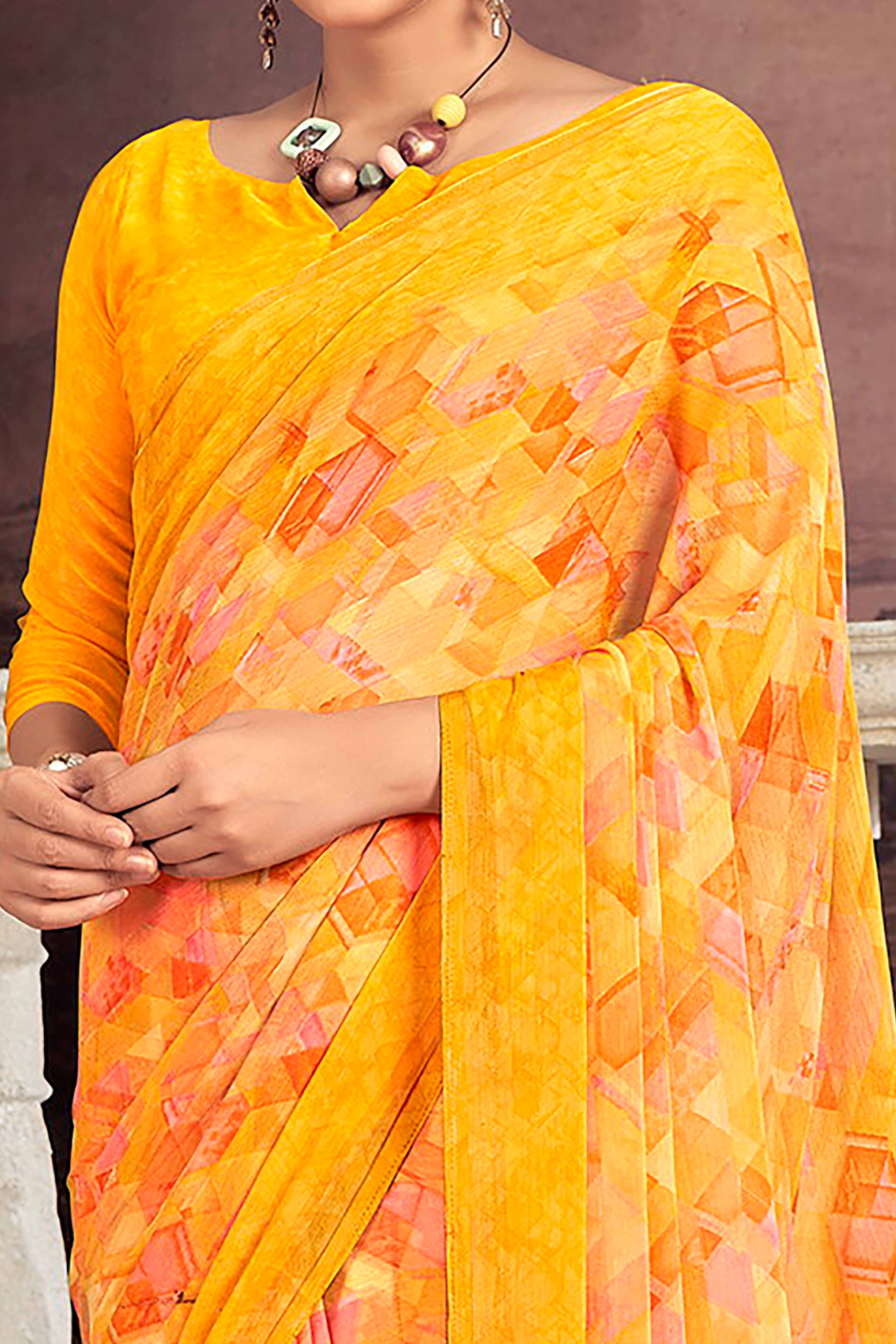 Elegant Mustard Chiffon Saree With Modern Geometric Print