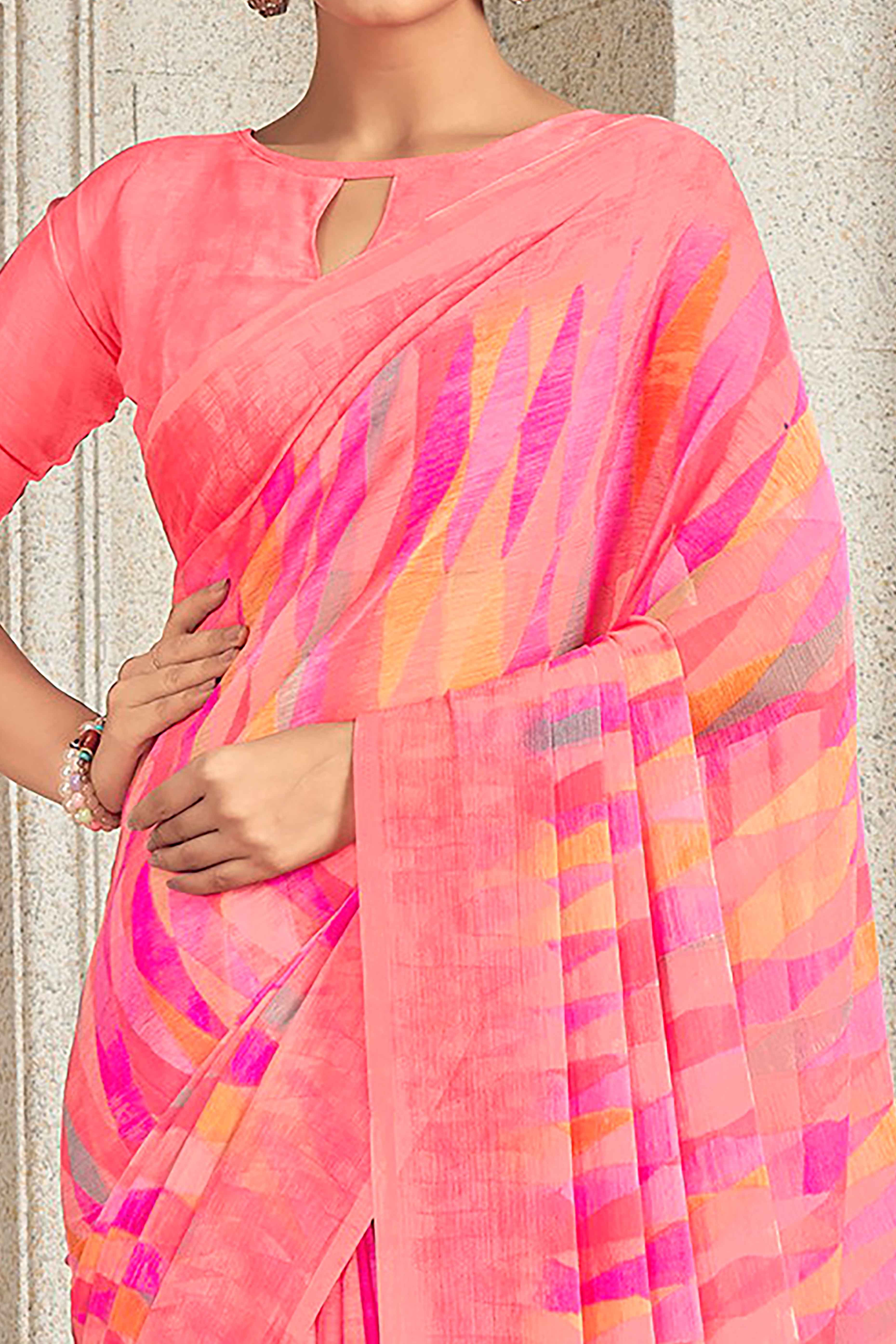 Elegant Salmon Pink Chiffon Saree With Contemporary Geometric Print