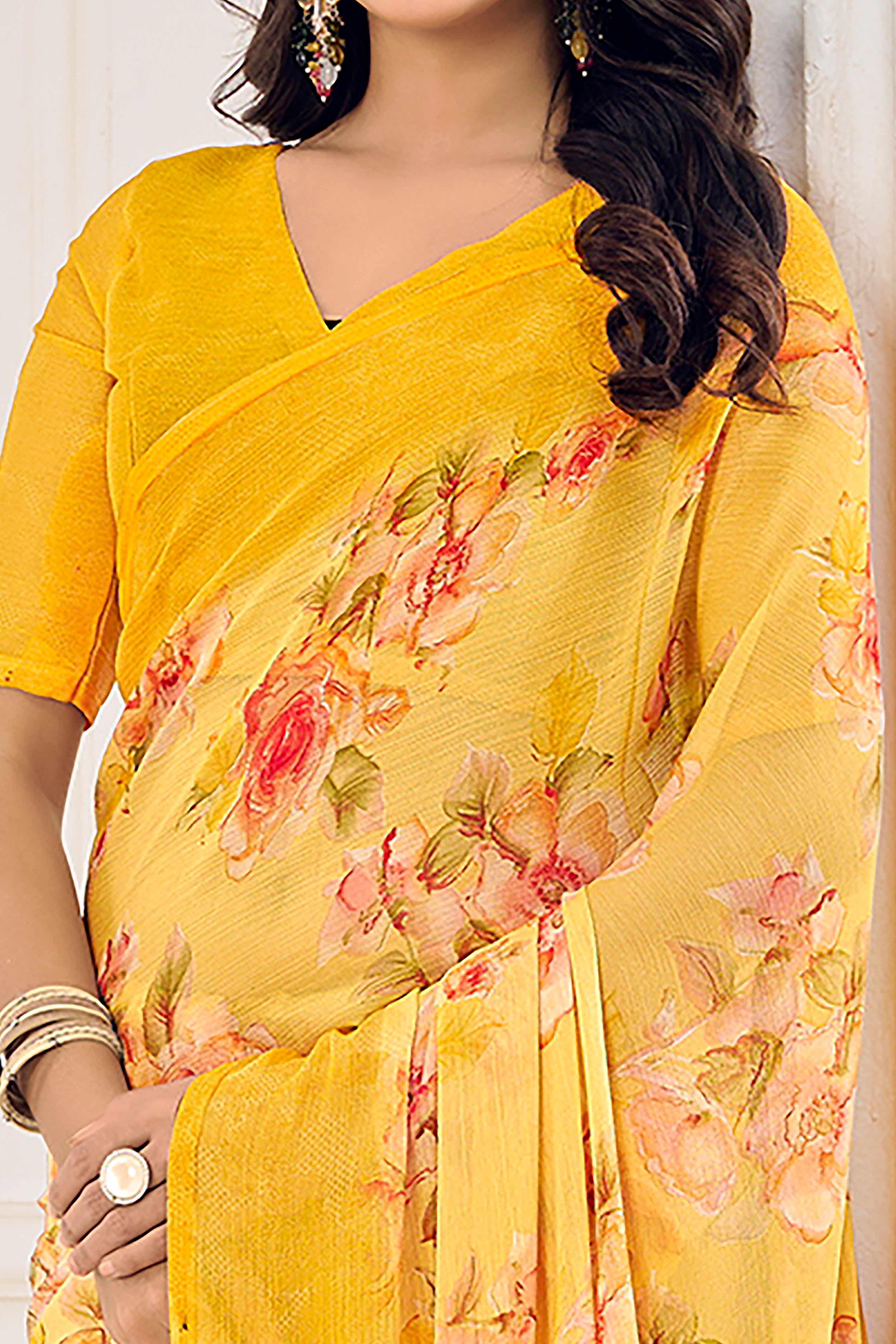Mustard Chiffon Saree Embellished With Dreamy Floral Print