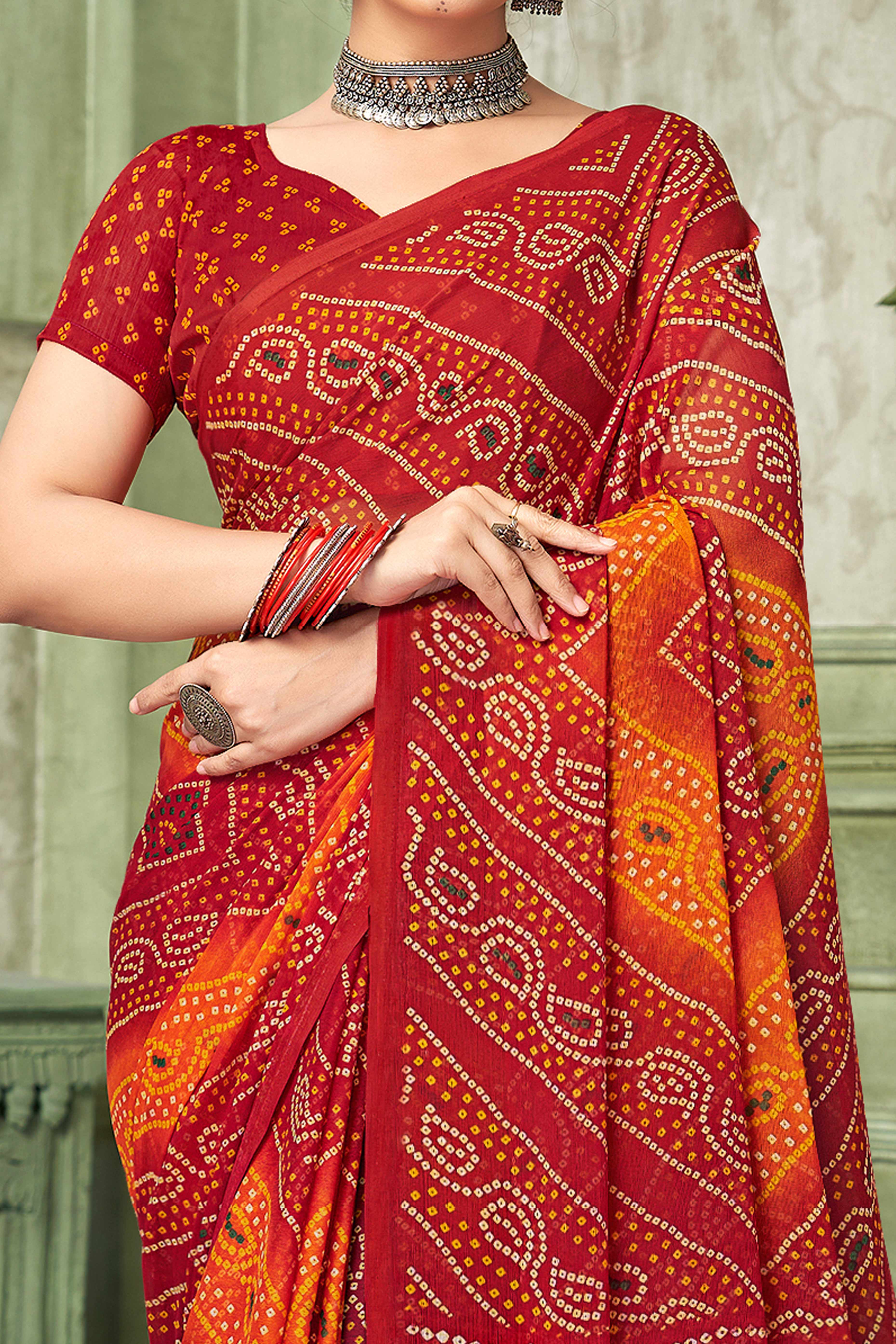 Maroon Chiffon Saree Adorned With Traditional Bandhani Print