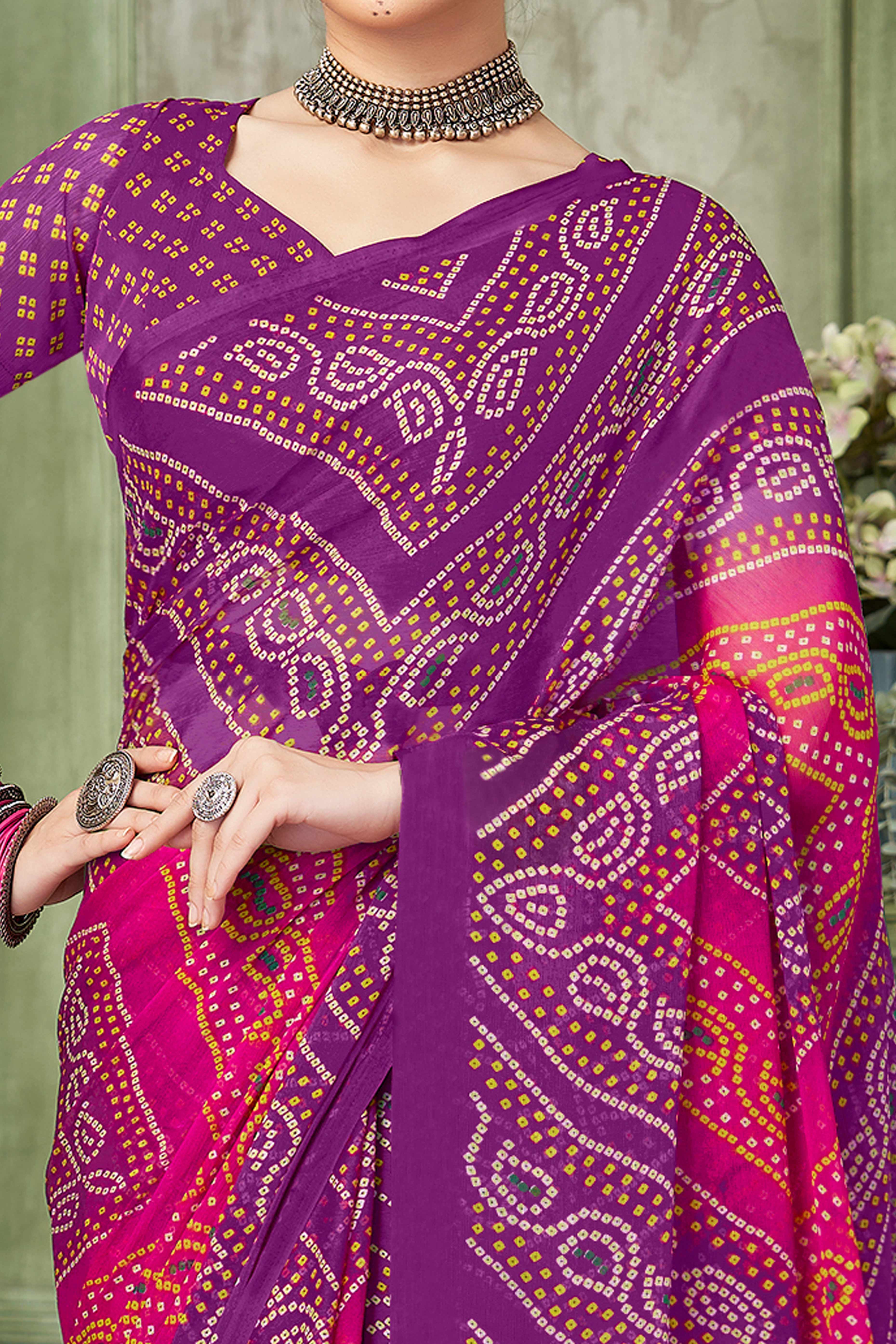 Purple Chiffon Saree Adorned With Traditional Bandhani Print