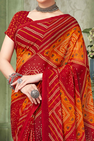 Red Chiffon Saree Adorned With Traditional Bandhani Print