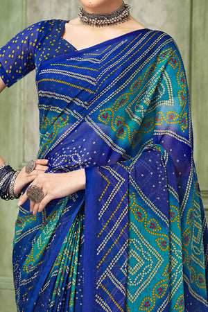 Blue Chiffon Saree Adorned With Traditional Bandhani Print
