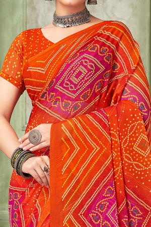Orange Chiffon Saree Adorned With Traditional Bandhani Print