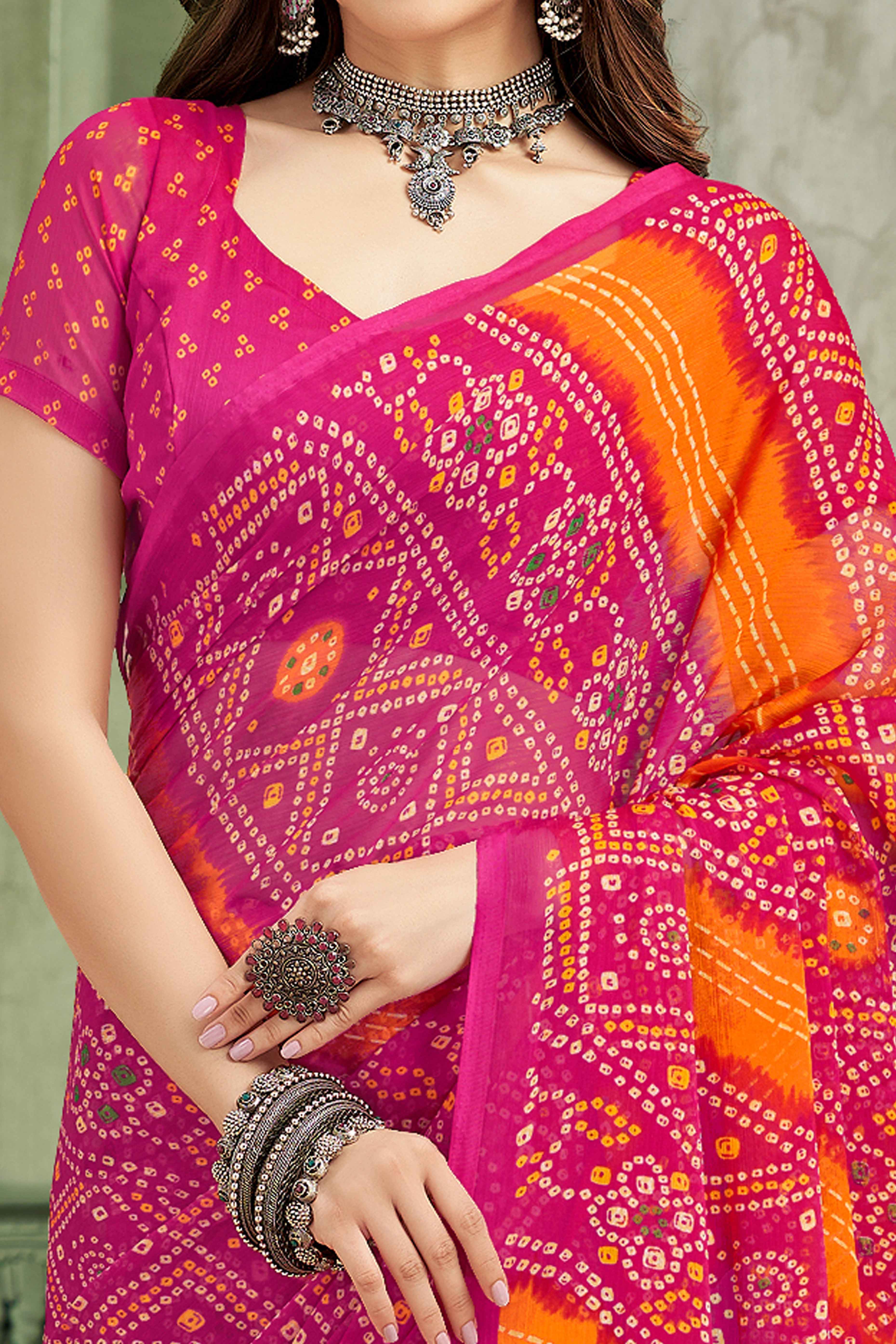 Magenta Chiffon Saree Adorned With Traditional Bandhani Print