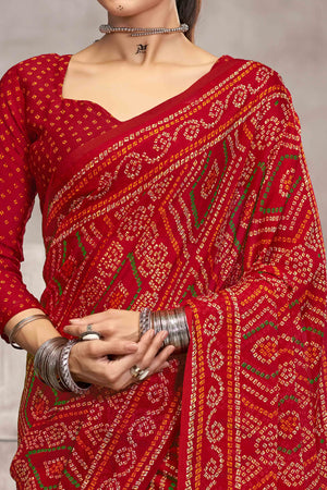 Red Chiffon Saree Features Bandhani Print for Casual Occasion