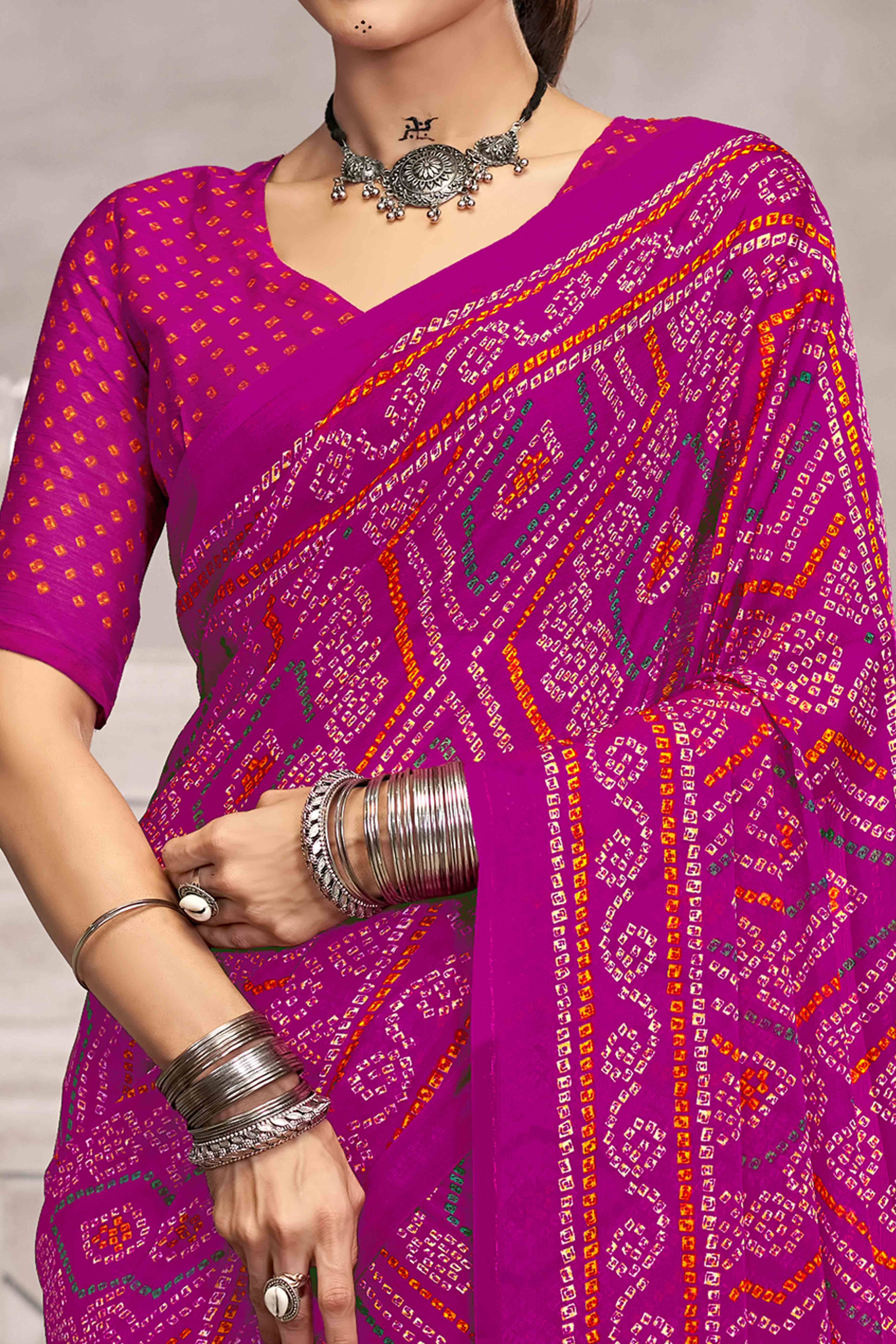 Purple Chiffon Saree Features Bandhani Print for Casual Occasion