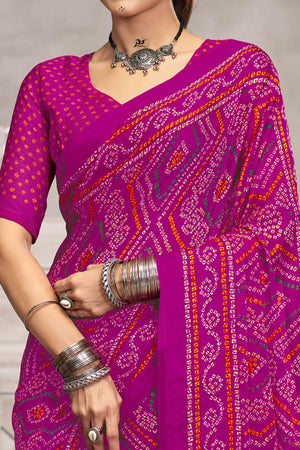 Purple Chiffon Saree Features Bandhani Print for Casual Occasion