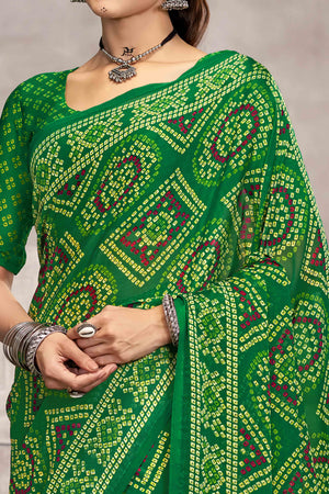 Green Chiffon Saree Features Bandhani Print for Casual Occasion