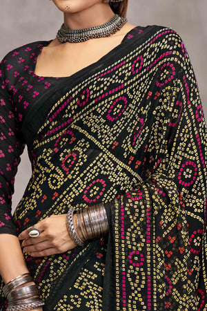 Black Chiffon Saree Features Bandhani Print for Casual Occasion