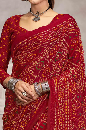 Red Chiffon Saree Features Bandhani Print for Casual Occasion
