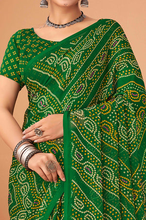 Green Bandhani Printed Chiffon Saree Accented With Intricate Lace Border Work