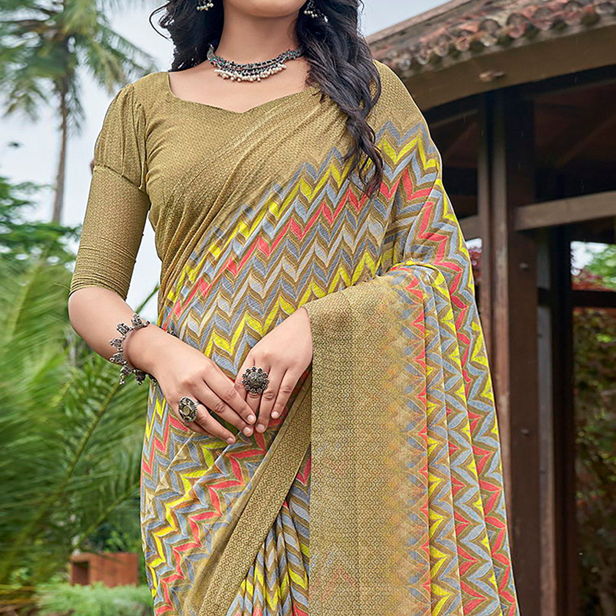 Chikoo Printed Chiffon Saree