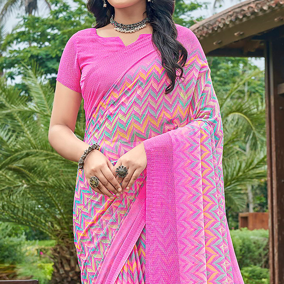 Pink Printed Chiffon Saree