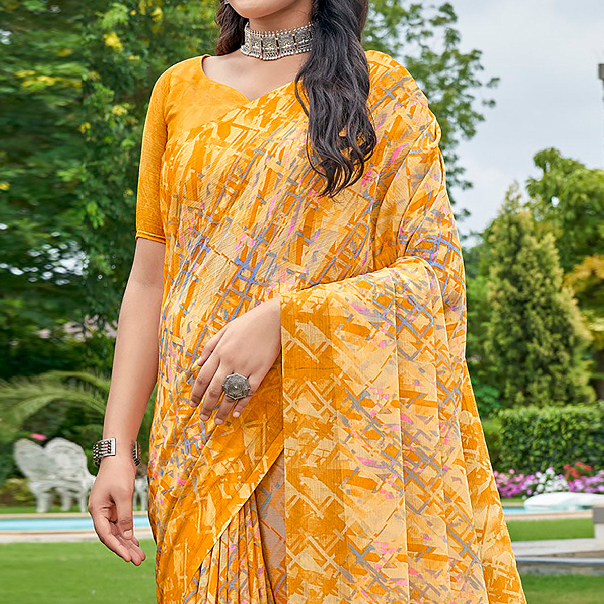Mustard Geometric Printed Chiffon Saree