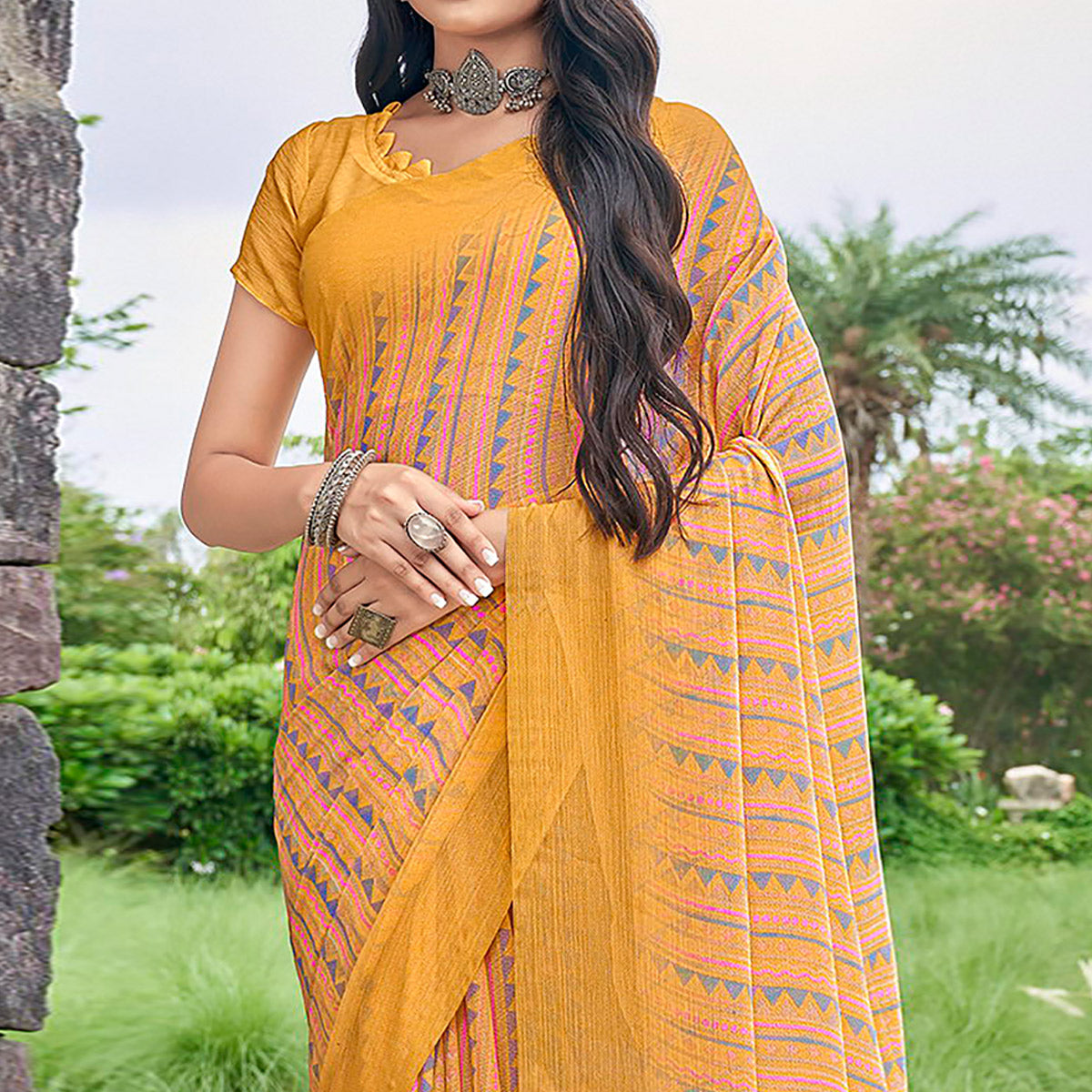 Yellow Geometric Printed Chiffon Saree