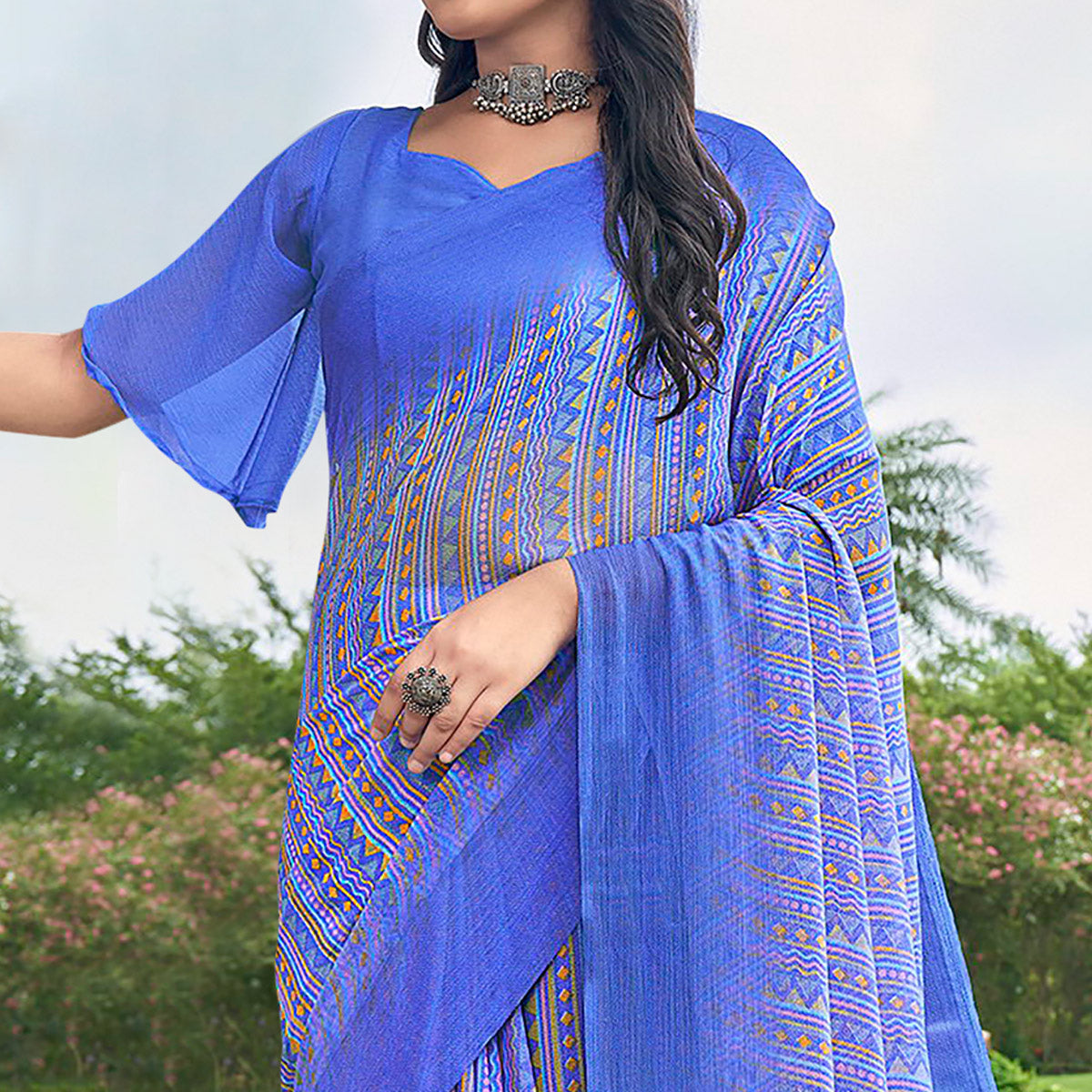 Blue Geometric Printed Chiffon Saree