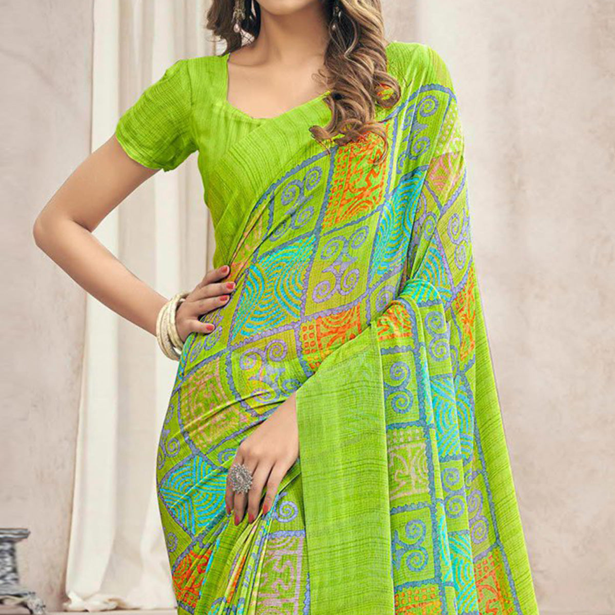 Green Printed Chiffon Saree