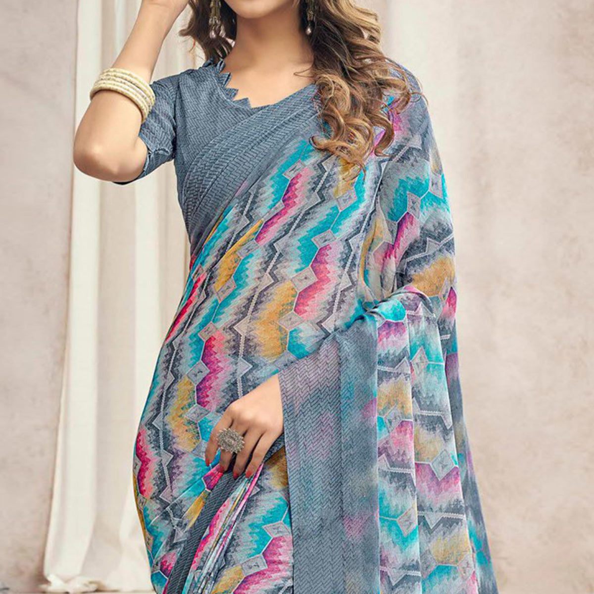 Grey Printed Chiffon Saree