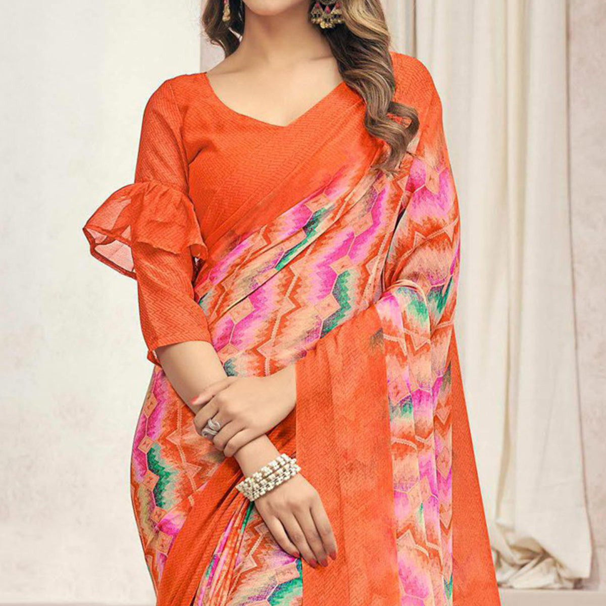 Orange Printed Chiffon Saree