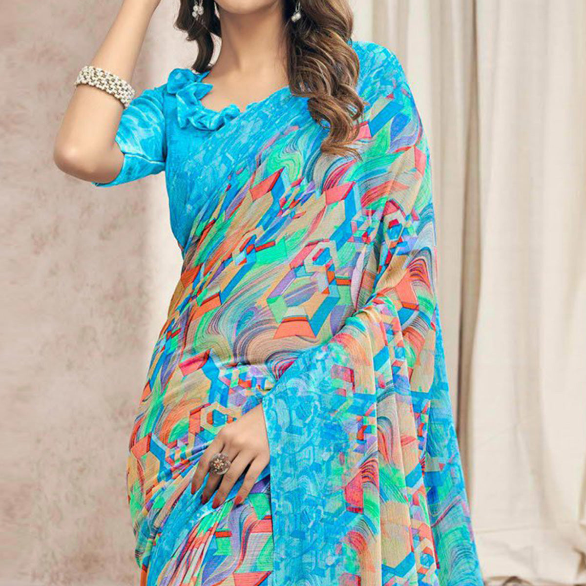 Blue Printed Chiffon Saree