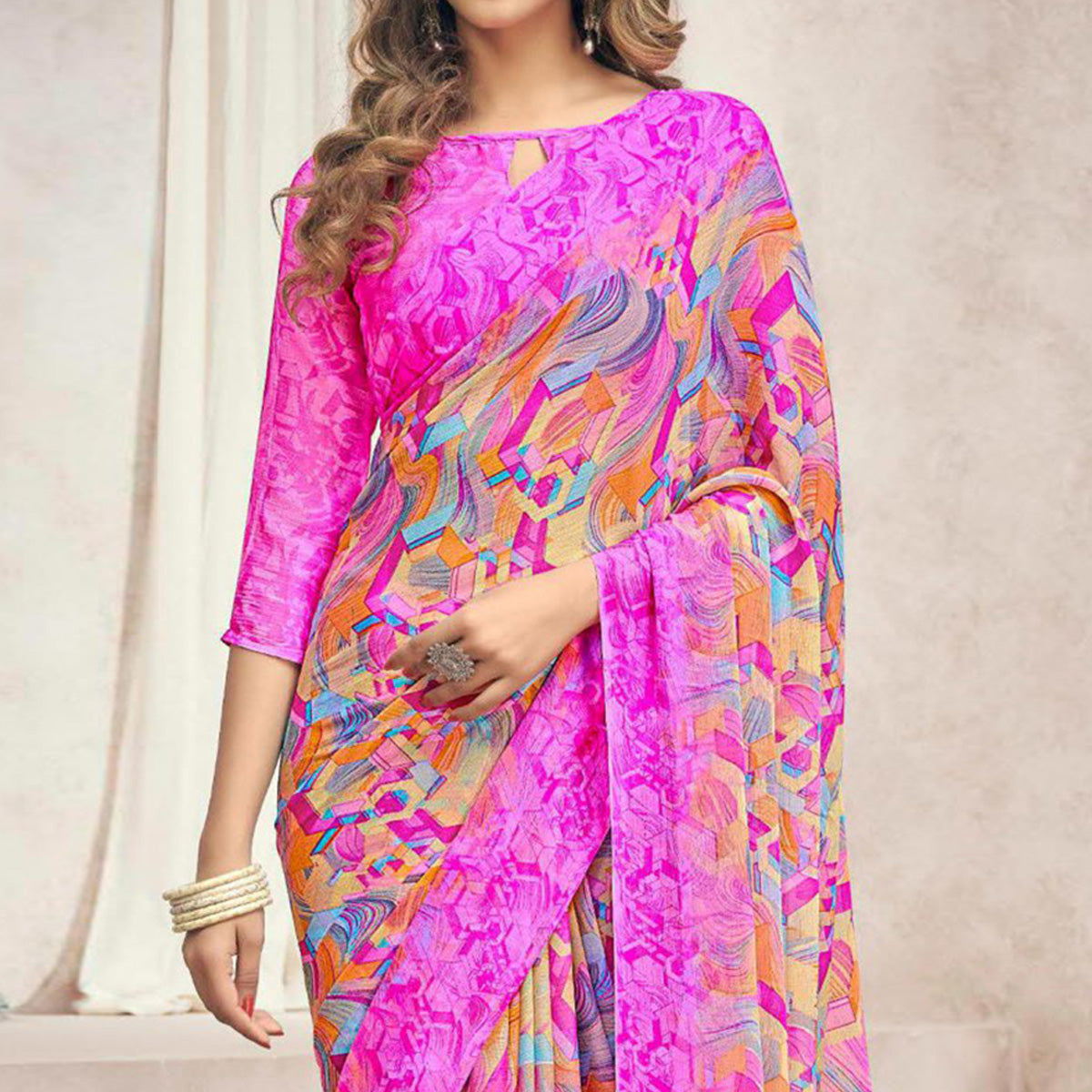 Pink Printed Chiffon Saree