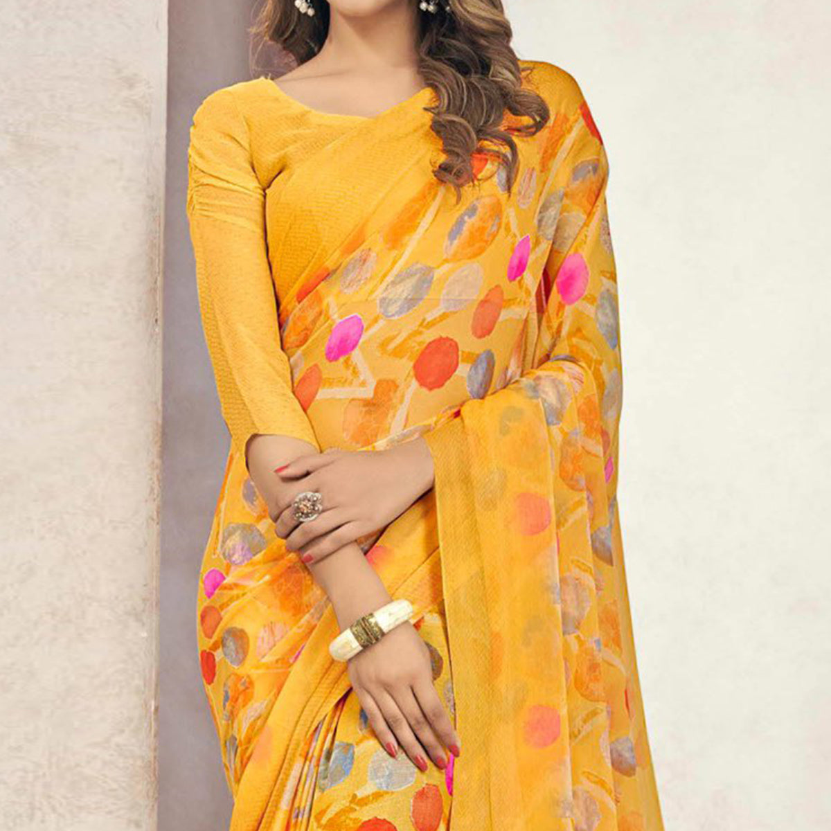 Yellow Printed Chiffon Saree