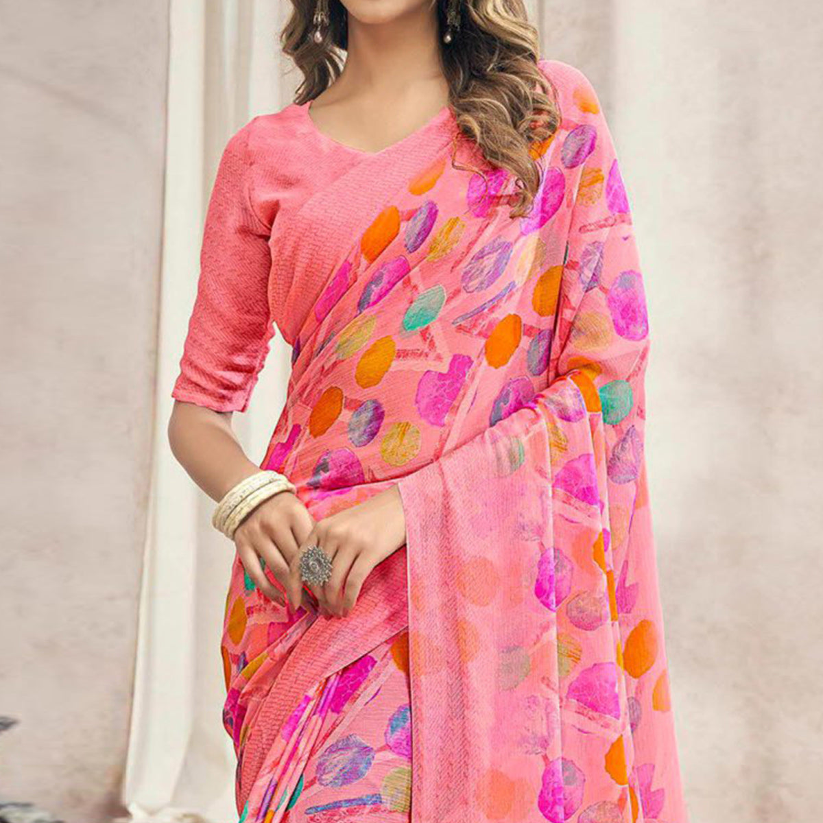 Pink Printed Chiffon Saree